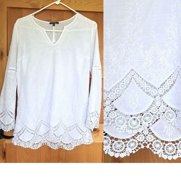 NYDJ Tops - NYDJ 70s Embroidered Cottagecore Fairy Romantic Boho Scalloped Lace XS Blouse